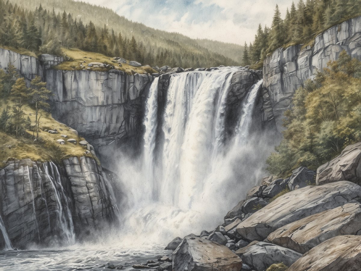 Ein majestätischer Wasserfall stürzt über hohe Felsen und erzeugt eine beeindruckende Gischt. Der Vøringsfossen erstreckt sich in eine malerische Landschaft, umgeben von dichten, grünen Wäldern und sanften Hügeln. Die schroffen Felskanten und der rauschende Bach darunter schaffen ein faszinierendes Naturschauspiel, während der Himmel mit sanften Wolken bedeckt ist. Das gesamte Bild strahlt die Schönheit und Kraft der norwegischen Natur aus.