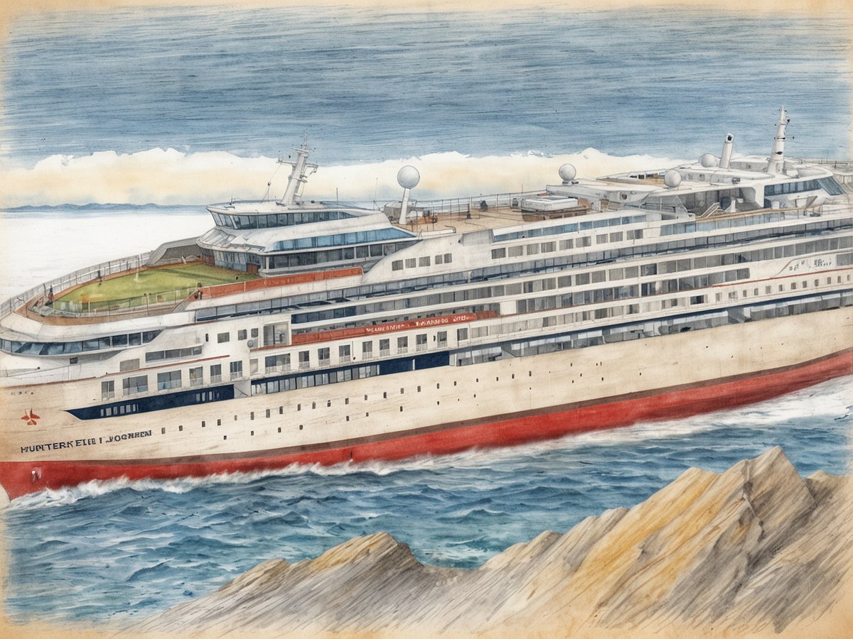 Ein modernes Hurtigruten-Kreuzfahrtschiff fährt durch die tiefblauen Gewässer der norwegischen Fjorde. Das Schiff ist mit mehreren Decks ausgestattet, auf denen sich Passagiere entspannen können. Im Hintergrund sind sanfte Wellen und majestätische Felsen zu sehen, die die natürliche Schönheit der Küstenlandschaft betonen. Der Himmel ist teilweise bewölkt und schafft eine dramatische Atmosphäre, die die atemberaubende Umgebung unterstreicht.
