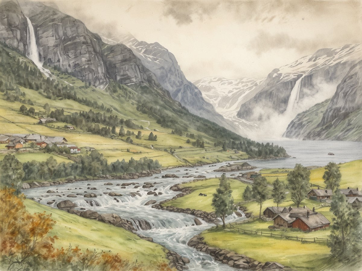 Im Bild sind die malerischen Obstplantagen entlang des Hardangerfjords zu sehen, umgeben von grünen Wiesen und sanften Hügeln. Der Steinsdalsfossen-Wasserfall stürzt beeindruckend von den hohen Felsen herab, während der Fjord im Hintergrund mit schneebedeckten Bergen und einer mystischen Nebeldecke harmoniert. Ein ruhiger Fluss fließt durch die Landschaft, gesäumt von Bäumen und traditionellen norwegischen Häusern, die ein idyllisches und friedliches ländliches Leben widerspiegeln.