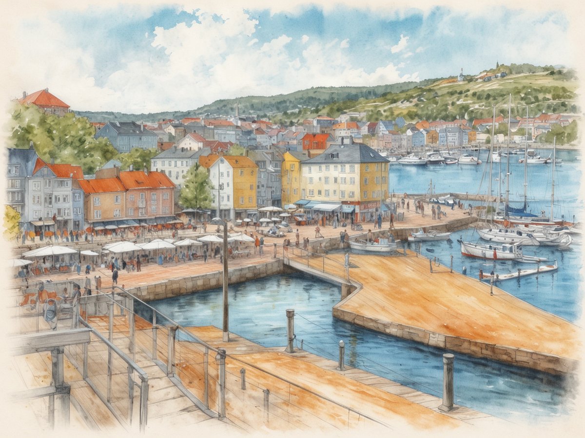 Sommerliche Küstenstadt mit bunten Häusern und einem lebhaften Hafen. Auf der Promenade sind Menschen zu sehen, die sich entspannen und die Aussicht genießen. Zahlreiche Segelboote liegen im Wasser, während Cafés mit Schirmen zum Verweilen einladen. Im Hintergrund erstrecken sich sanfte Hügel, die zur Idylle der Stadt beitragen. Eine freundliche Atmosphäre macht diesen Ort ideal für Familien und Erholungssuchende.