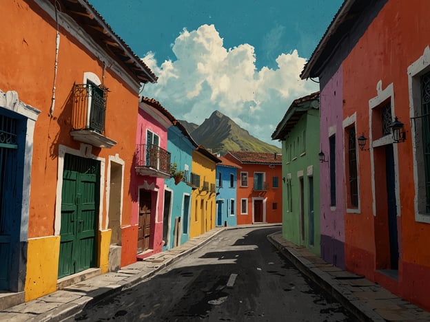 Auf dem Bild ist eine malerische Straße in Antigua zu sehen, die von bunten Häusern gesäumt ist. Jeder Bau hat seine eigene lebendige Farbe, die den Charakter der Stadt widerspiegelt. Die Häuser besitzen charmante Details wie Balkonverzierungen und Fenster mit schmiedeeisernen Gittern. Im Hintergrund erhebt sich ein Hügel oder Berg, der die Szenerie umrahmt. Der Himmel ist klar und hat einige verstreute Wolken, was dem Gesamtbild eine friedliche und einladende Atmosphäre verleiht. Diese Komposition strahlt den zeitlosen Zauber Antiguas aus und lädt dazu ein, die Geschichte und Kultur dieser faszinierenden Stadt zu entdecken.