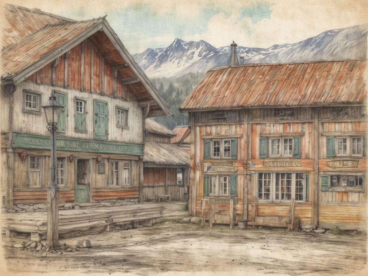 In Lillehammer ist eine malerische Szenerie zu sehen, die ein traditionelles Holzgebäude mit einem schlichten, hölzernen Dach und grünen Fensterläden zeigt. Neben dem Gebäude befindet sich ein historisches, niedrigeres Haus mit einer bunten Fassadenverkleidung, das einen einladenden Charakter ausstrahlt. Im Hintergrund erheben sich majestätische Berge, die die Kulisse für diese charmante Szene bilden. Eine Straßenlaterne und eine Holzhütte ergänzen das Bild und verleihen ihm einen nostalgischen Touch, der das olympische Flair und die Geschichte des Freilichtmuseums Maihaugen widerspiegelt.