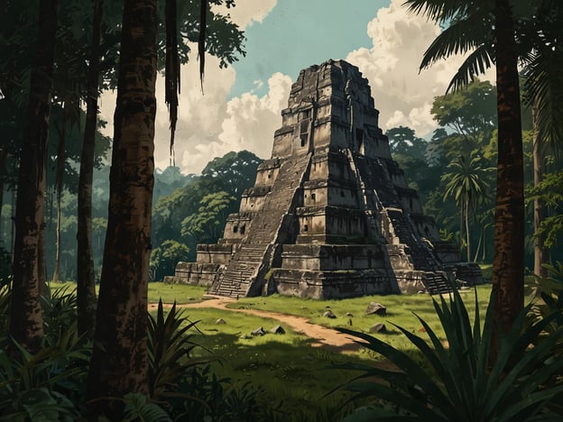 Auf dem Bild ist eine beeindruckende Pyramide zu sehen, die von einer üppigen, tropischen Vegetation umgeben ist. Diese Architektur erinnert stark an die berühmten Tempelpyramiden von Tikal, einer der wichtigsten antiken Städte der Maya-Zivilisation. Tikal befindet sich im heutigen Guatemala und war ein bedeutendes Zentrum für Kultur und Handel in der klassischen Maya-Zeit.

Die Pyramiden in Tikal sind nicht nur architektonische Meisterwerke, sondern auch Symbole für die religiöse und gesellschaftliche Organisation der Maya. Sie dienten als Tempel für Rituale und als Grabstätten für die Herrscher. Die majestätische Natur dieser Strukturen und ihre Integration in die Landschaft zeugen von der Fähigkeit der Maya, harmonisch mit ihrer Umgebung umzugehen. Die Stadt Tikal zieht heute viele Besucher an, die sich von ihrer Geschichte und ihrer beeindruckenden Baukunst faszinieren lassen.