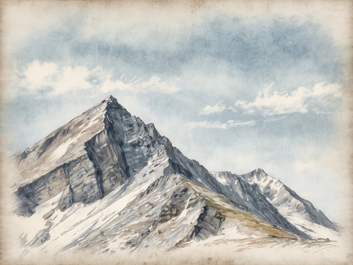 Die Darstellung zeigt den majestätischen Gipfel Galdhøpiggen, Norwegens höchsten Berg, umgeben von schroffen Felsen und schneebedeckten Hängen. Der Himmel ist strahlend blau mit einigen verstreuten Wolken, die eine beeindruckende Kulisse bilden. Die Szene vermittelt ein Gefühl von Erhabenheit und Abenteuer, ideal für Bergliebhaber und Wanderer.