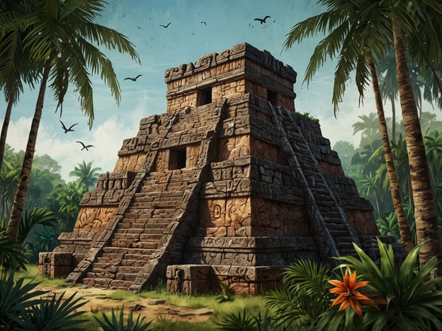 Auf dem Bild ist eine Nachbildung einer Maya-Pyramide zu sehen, umgeben von üppiger tropischer Vegetation, die typisch für die Region rund um Tikal in Guatemala ist. Die Pyramide ist mit kunstvollen Reliefs verziert und hat eine zentrale Treppe, die zu der Plattform oben führt. Um sie herum wachsen hohe Palmen und dichte Sträucher, während Vögel über die Szene fliegen. Diese Darstellung spiegelt die beeindruckende Flora und Fauna des Dschungelparadieses wider, das die Ruinen von Tikal umgibt.