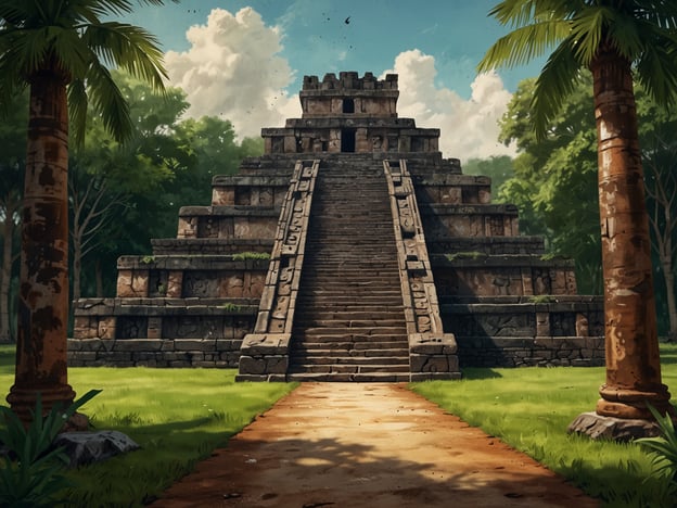 Auf dem Bild ist eine beeindruckende Maya-Pyramide zu sehen, umgeben von üppiger Vegetation und hohen Palmen. Die große Treppe führt hinauf zu einer Plattform, die typisch für die Architektur der Maya-Kultur ist. Diese Pyramiden waren oft Teil religiöser Stätten und dienten zeremoniellen Zwecken. Die Gestaltung der Treppe und der Artwork reflektiert die beeindruckenden Baukünste und den kulturellen Reichtum der Maya-Zivilisation. Die Szenerie vermittelt ein Gefühl von Mystik und Historie, das die Besucher auf eine Reise durch die Maya-Kultur einlädt.