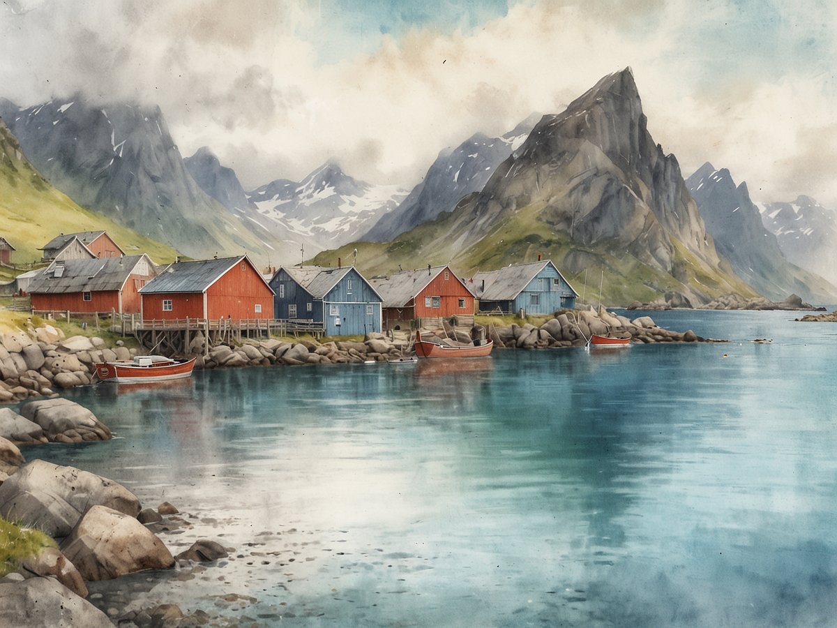 Henningsvær ist ein charmantes Fischerdorf auf den Lofoten-Inseln, das von bunten Holzhäusern in Rot und Blau geprägt ist. Diese Häuser reihen sich malerisch am Ufer eines ruhigen Gewässers entlang, während kleine Boote sanft auf der Wasseroberfläche schaukeln. Im Hintergrund erheben sich majestätische Berge mit schroffen Gipfeln, die von Nebel umhüllt sind. Die Landschaft wird durch die sanften Hügel und das klare, türkisfarbene Wasser ergänzt, das die idyllische Atmosphäre des Ortes unterstreicht.