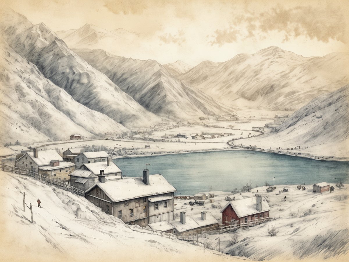 Eine winterliche Landschaft mit schneebedeckten Bergen und einem ruhigen, gefrorenen See. Im Vordergrund sieht man mehrere Holzhäuser, die teilweise Fenster und Schornsteine haben. Eine Person in rot läuft der schneebedeckten Straße entlang. Im Hintergrund erstrecken sich die Berge, die in sanften Tönen dargestellt sind. Die gesamte Szene vermittelt eine friedliche und kalte Atmosphäre, die typisch für Narvik ist, eine Stadt mit einer reichen Geschichte und Möglichkeiten zum Skifahren in der arktischen Umgebung.