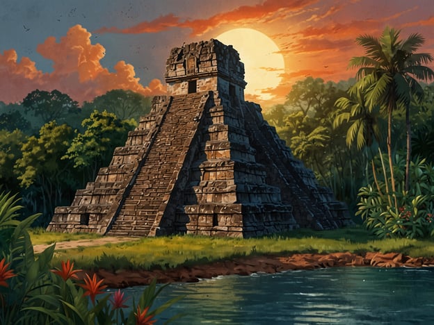 Auf dem Bild ist eine beeindruckende pyramidenförmige Struktur zu sehen, die an die alten Maya-Ruinen von Tikal erinnert. Diese Ruine steht majestätisch in einer üppigen, grünen Landschaft, umgeben von tropischen Pflanzen. Im Hintergrund ist ein beeindruckender Sonnenuntergang zu sehen, der den Himmel in warmen Farben erleuchtet. Der Vordergrund zeigt einen ruhigen Gewässerlauf mit bunten Blumen, was eine friedliche und natürliche Atmosphäre schafft. Solche Sehenswürdigkeiten sind oft Ausgangspunkte für Besuche in der Region Flores, die in der Nähe von Tikal liegt und eine wichtige Verbindung zu dieser faszinierenden archäologischen Stätte darstellt.