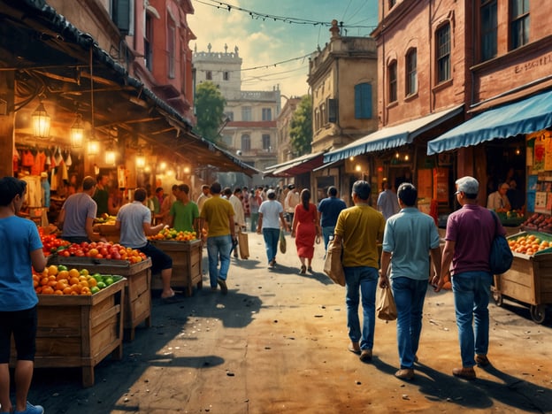 Auf dem Bild ist ein buntes Treiben auf dem Markt zu sehen. Viele Menschen schlendern zwischen Ständen mit frischem Obst und Gemüse umher. Die Straßen sind lebhaft, und die Atmosphäre ist geschäftig, während die Passanten sowohl miteinander als auch mit den Verkäufern interagieren. Die bunten Farben der Waren und Stände tragen zur lebhaften Stimmung des Marktes bei.