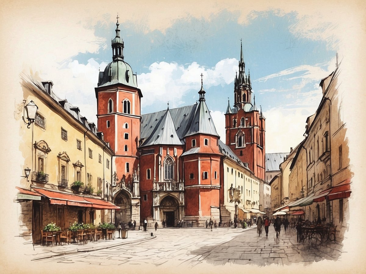 Ein malerischer Platz in Krakau mit einer beeindruckenden Kirche im Hintergrund. Die Kirche zeichnet sich durch ihre roten Fassaden und charakteristischen Türme aus. Auf der linken Seite sind historische Gebäude mit gelben Fassaden zu sehen, ergänzt durch einladende Restaurants mit Außenterrassen. Die Straße ist belebt, mit Fußgängern, die vorbei schlendern, und einigen Bäumen, die dem Platz eine grüne Note verleihen. Der Himmel ist blau mit vereinzelten Wolken, was eine freundliche Atmosphäre schafft.