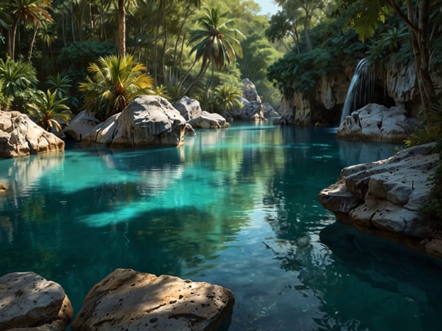 Auf dem Bild sieht man eine malerische, tropische Landschaft, die an die Naturwunder von Semuc Champey erinnert. Es zeigt kristallklares, türkises Wasser, umgeben von natürlichen Felsen und üppiger Vegetation mit Palmen und anderen Pflanzen. Im Hintergrund sind Wasserfälle zu sehen, die in das ruhige Gewässer stürzen. Diese Szenerie strahlt eine friedliche, unberührte Schönheit aus und lädt dazu ein, die atemberaubende Natur dieser Region zu entdecken.