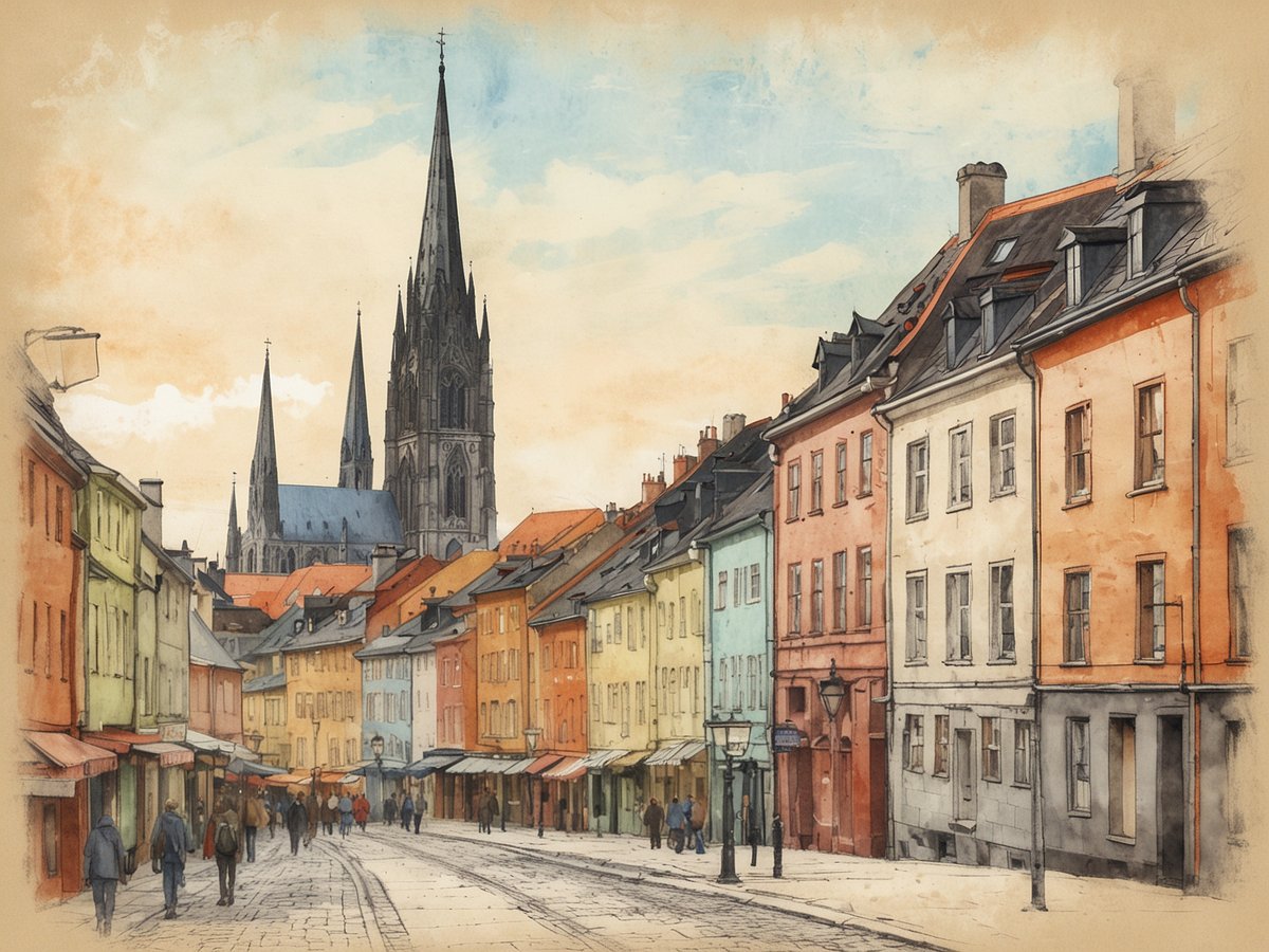 Trondheim wird mit bunten, historischen Häusern dargestellt, die eine lebendige Altstadtatmosphäre schaffen. Die Straßen sind gesäumt von Gebäuden in sanften Pastellfarben, während im Hintergrund die markante Nidaros-Kathedrale mit ihren spitzen Türmen hervortritt. Menschen schlendern gemächlich die Straße entlang, und die sanften Farben des Himmels verleihen dem Bild eine malerische Note.