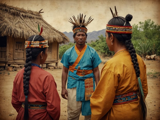 Auf dem Bild sind drei Menschen zu sehen, die traditionelle Bekleidung tragen, die möglicherweise zu einer indigenen Kultur gehört. Die Kleidung und die Frisuren mit auffälligen Haarschmuck und Farben deuten auf eine tiefe kulturelle Identität und Ritualpraktiken hin.

Die Szene könnte in einem ländlichen oder historischen Kontext angesiedelt sein, möglicherweise in einem Dorf, das mit landwirtschaftlichen oder kulturellen Traditionen verbunden ist. Der männliche Protagonist steht im Mittelpunkt und könnte eine Führungs- oder Zeremonienfunktion einnehmen, während die beiden weiblichen Personen möglicherweise Mitglieder seiner Familie oder der Gemeinschaft sind.

Kulturell gesehen könnte dieser Besuch wichtige Aspekte der Kommunikation, Traditionen und sozialen Strukturen widerspiegeln. Die Art und Weise, wie Menschen in indigenen Gemeinschaften interagieren, ist oft geprägt von Respekt und Hierarchie. Solche Treffen könnten auch zur Bewahrung von Geschichten, Bräuchen und der Weitergabe von Wissen an die nächste Generation dienen.