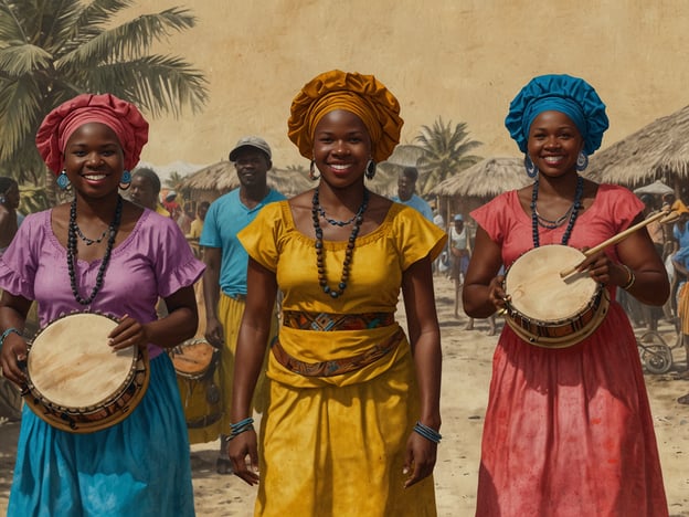 Auf dem Bild sind drei Frauen zu sehen, die traditionelle Kleidung tragen. Sie wirken fröhlich und scheinen Teil einer Feier oder einer kulturellen Veranstaltung zu sein. Die einzigartige Garifuna-Kultur ist bekannt für ihre lebendige Musik, Tanz und Kunst. Die Frauen könnten beispielsweise Trommeln spielen, was ein wichtiges Element in der Garifuna-Musik ist. Ihr Outfit und ihre Haltung reflektieren die farbenfrohe und festliche Atmosphäre dieser Kultur, die tief in den Traditionen der Garifuna verankert ist.