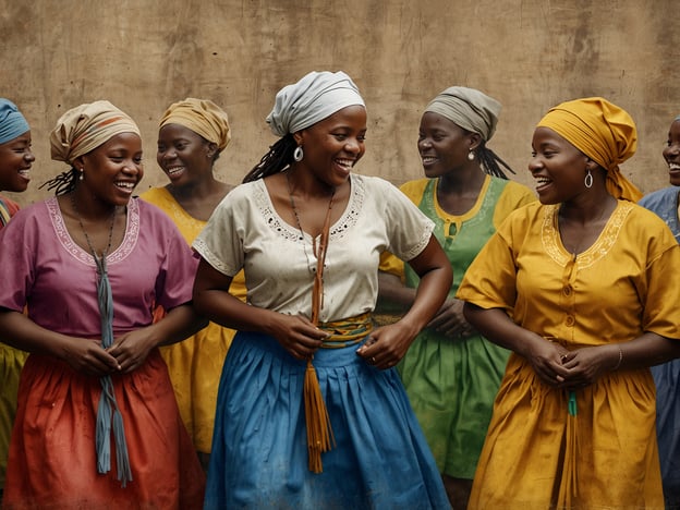 Auf dem Bild sind mehrere Frauen in bunten traditionellen Kleidern zu sehen, die zusammen lachen und tanzen. Ihre fröhliche Ausdrucksweise und die lebhaften Farben der Kleidung drücken die Kultur und Identität der Garifuna aus. Musik und Tanz spielen eine zentrale Rolle im Leben der Garifuna, da sie als wichtige Mittel zur gemeinsamen Feier, zum Austausch von Geschichten und zur Erhaltung ihrer Traditionen dienen. Diese Darstellungen sind nicht nur ein Ausdruck von Freude, sondern auch ein symbolisches Bekenntnis zur kulturellen Identität und gemeinschaftlichen Verbundenheit.