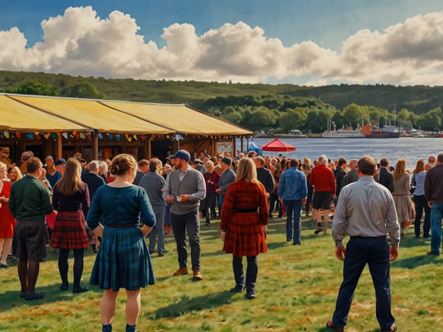 Auf dem Bild ist eine große Menschenmenge zu sehen, die sich im Freien versammelt hat. Die Veranstaltung scheint festlich zu sein, möglicherweise ein lokales Festival oder eine Feier in Livingston. Viele Personen tragen traditionelle schottische Kleidung, wie Kilts und andere festliche Outfits, was darauf hindeutet, dass es sich um ein kulturelles Ereignis handeln könnte. Im Hintergrund sind das Wasser und die Natur zu sehen, was die Atmosphäre der Feierlichkeit unterstreicht. Solche Veranstaltungen in Livingston könnten die Feier des schottischen Erbes oder lokale Feste wie Highland Games sein.