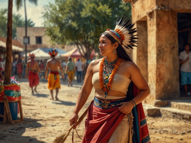 Auf dem Bild ist eine Frau zu sehen, die traditionelle Kleidung trägt, die reich verziert ist und verschiedene kulturelle Elemente zeigt. Ihr Outfit wird durch Schmuck, darunter eine Vielzahl von Halsketten und Ohrringen, ergänzt. Die Umgebung scheint lebhaft zu sein, mit anderen Menschen im Hintergrund, die ebenfalls traditionelle Kleidung tragen. Solche Szenen sind typisch für Feiern oder Märkte, die die kulturelle Vielfalt in Quetzaltenango widerspiegeln, wo indigene Traditionen und moderne Einflüsse harmonisch zusammenkommen. Diese Darstellungen zeugen von der reichen kulturellen Heritage und den vielfältigen Festen der Region.