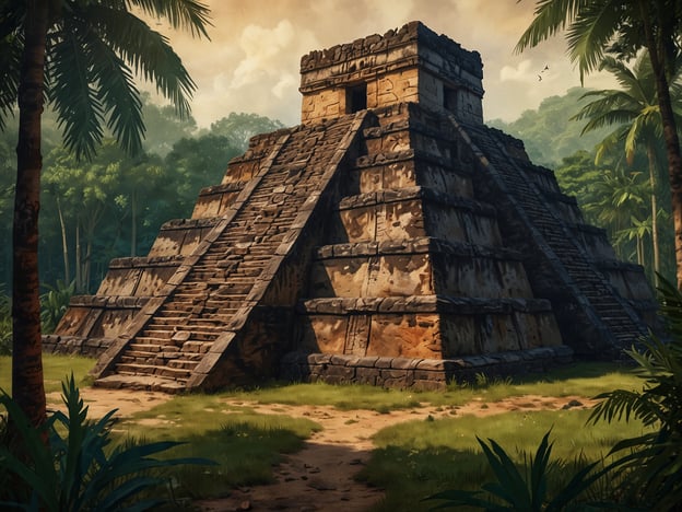 Auf dem Bild ist eine prächtige Pyramide zu sehen, die wahrscheinlich an architektonische Meisterwerke in Iximché erinnert. Iximché war eine bedeutende Maya-Stadt in Guatemala, bekannt für ihre beeindruckenden Tempel und Pyramiden, die aus großen Steinblöcken erbaut wurden. Die strukturierte Gestaltung und die Treppen der Pyramide sind charakteristisch für die Mayakultur, die sowohl religiöse als auch zeremonielle Zwecke mit solchen Bauwerken verband. Umgeben von üppiger Vegetation vermittelt das Bild eine Atmosphäre der Erhabenheit und des historischen Erbes.