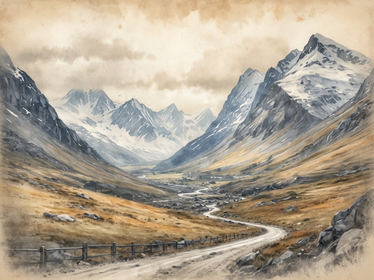 Ein malerischer Panoramablick auf die norwegischen Alpen entlang einer kurvenreichen Hochgebirgsstraße. Die Landschaft zeigt majestätische, schneebedeckte Berge, die sich im Hintergrund erheben, während sanfte Hügel und karge Wiesen im Vordergrund verlaufen. Wolken hängen teilweise am Himmel und verleihen der Szene eine dramatische Stimmung. Ein schmaler, sandiger Weg schlängelt sich durch die Szenerie, flankiert von einer Holzbarriere, die die natürliche Schönheit der Umgebung unterstreicht.