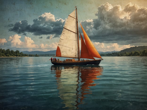 Auf dem Bild ist ein Segelboot zu sehen, das auf einem ruhigen Gewässer segelt. Die Segel sind orange und wehen sanft im Wind. Im Hintergrund erkennt man eine schöne Landschaft mit Bergen und Wolken. Dies vermittelt ein Gefühl von Freiheit und Abenteuer. 

Auf dem Wasser: Sicherheit und Spaß.