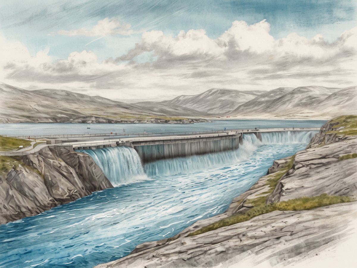 Eine beeindruckende Landschaft mit einem großen Staudamm im Vordergrund, von dem Wasser in einem kraftvollen Strom herabfließt. Die Umgebung ist von sanften Hügeln und Bergen geprägt, die in der Ferne sichtbar sind. Der Himmel ist leicht bewölkt, und das Licht reflektiert sanft auf der Wasseroberfläche. Auf dem Damm sind einige Straßen und möglicherweise Fahrzeuge zu sehen, die den Zugang zur beeindruckenden Natur ermöglichen. Dieses Szenario vermittelt die Mächtigkeit des Wasserflusses und die Schönheit der norwegischen Landschaft, ideal, um den stärksten Gezeitenstrom der Welt zu erleben.