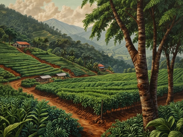 Auf dem Bild ist eine malerische Landschaft mit Kaffeeanbau in Cobán zu sehen. Die hügelige Region ist von üppigen Kaffeepflanzen geprägt, die in Reihen angeordnet sind. Im Hintergrund erhebt sich eine Vielzahl von Bäumen und Bergen, während im Vordergrund ein winding Weg und einige einfache Gebäude zu erkennen sind. Die gesamte Szenerie vermittelt ein Gefühl von Ruhe und der Schönheit der Natur, die für den Kaffeeanbau charakteristisch ist.