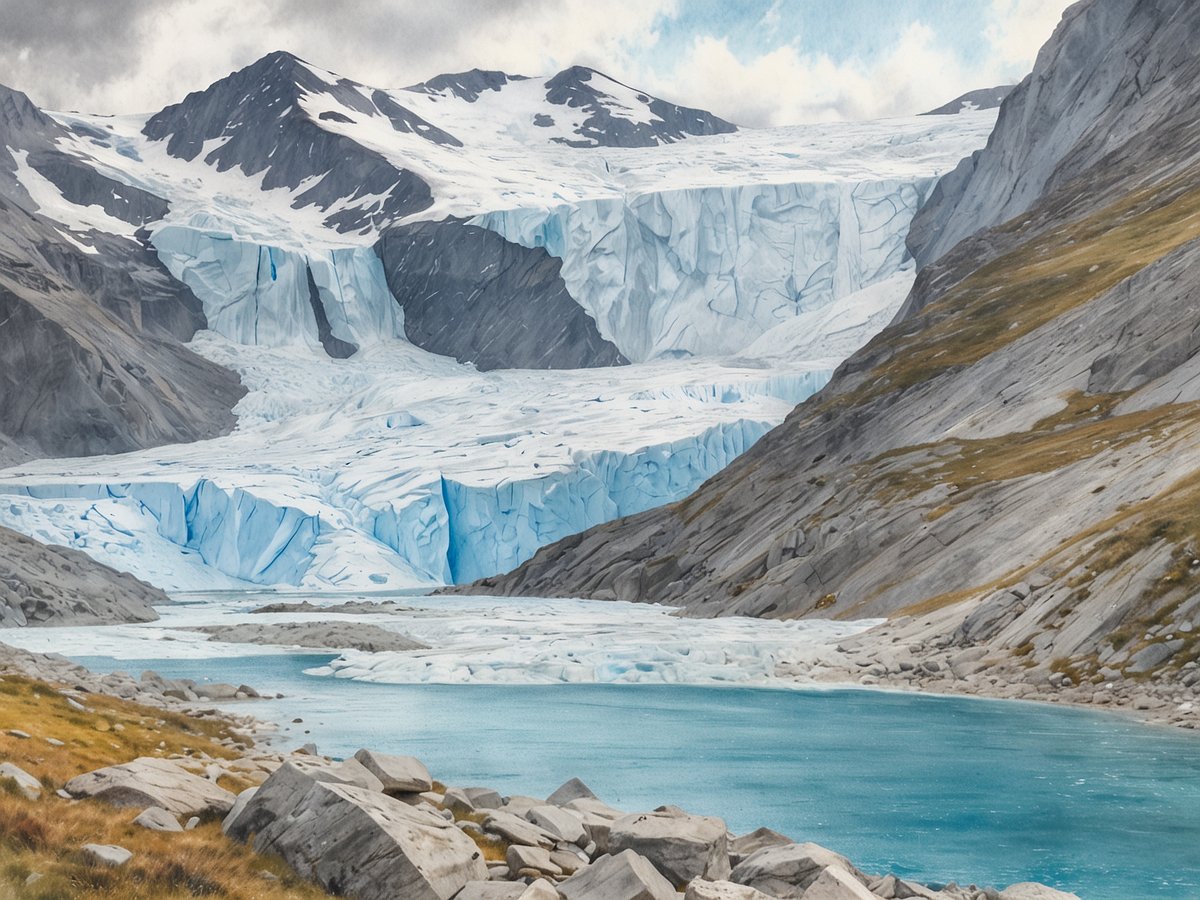 Eine beeindruckende Landschaft im Jostedalsbreen Nationalpark zeigt den größten Festlandgletscher Europas in Norwegen. Der Gletscher erstreckt sich majestätisch über die Berglandschaft und reflektiert verschiedene Blautöne. Umgeben von steilen, felsigen Hängen und einer klaren, türkisfarbigen Wasserfläche im Vordergrund, vermittelt die Szene ein Gefühl von Kälte und natürlicher Schönheit. Der Himmel ist bewölkt, was der Szenerie eine dramatische Stimmung verleiht, während die Gletscheroberfläche mit ihren Ritzen und Spalten eindrucksvoll hervortritt.