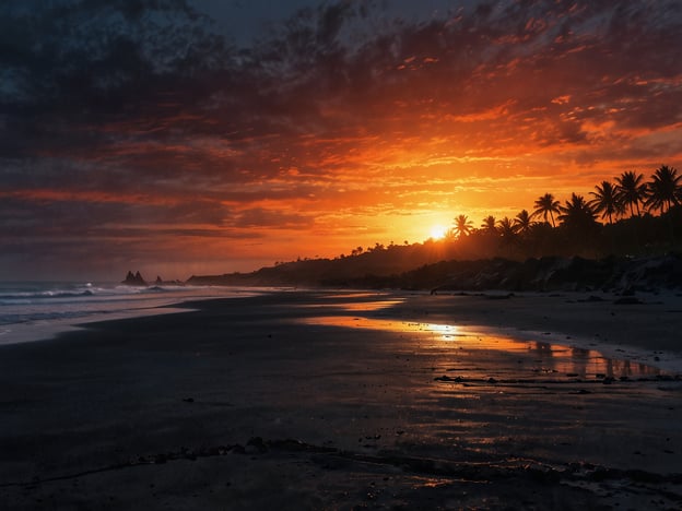 Auf dem Bild ist ein atemberaubender Sonnenuntergang an einem Strand zu sehen, möglicherweise in Monterrico. Die orange-rot leuchtende Sonne spiegelt sich im Wasser und auf dem feuchten Sand, während die Silhouetten von Palmen und Felsen im Hintergrund zu sehen sind. Die Strände von Monterrico sind für ihre einzigartige Schönheit bekannt und bieten beeindruckende Ausblicke, besonders bei Sonnenuntergang. Die ruhigen Wellen und die malerische Landschaft machen diesen Ort zu einem perfekten Ziel für Naturliebhaber und Erholungssuchende.