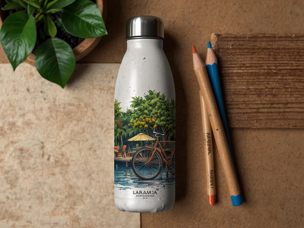 Auf dem Bild ist eine stylische Wasserflasche zu sehen, die mit einem bunten, illustrativen Design verziert ist. Das Design zeigt eine ruhige Szene mit einem Fahrrad, einer Sitzecke am Wasser und üppiger Vegetation – wahrscheinlich inspiriert von einem tropischen Ort wie Monterrico.

### Tipps für deinen Besuch in Monterrico:

1. **Strände genießen**: Die Strände von Monterrico sind bekannt für ihren schwarzen Sand und die starken Wellen. Achte auf die Sicherheitsanweisungen beim Schwimmen.

2. **Schildkröten Schutzprojekt**: Besuche ein Schildkrötenauffangzentrum, um mehr über den Schutz dieser Tiere zu lernen und vielleicht sogar bei der Freilassung von Schildkröten zu helfen.

3. **Bootstouren**: Mache eine Bootstour durch die Mangroven, um die lokale Tierwelt zu beobachten. Halte Ausschau nach Vögeln, Krokodilen und anderen Tieren.

4. **Lokale Küche**: Probiere die regionale Küche. Besonders die Meeresfrüchte sind frisch und köstlich.

5. **Natur erkunden**: Der nahegelegene Nationalpark Tortugero bietet tolle Möglichkeiten für Wanderungen und zur Beobachtung der Flora und Fauna.

Genieße deinen Aufenthalt in Monterrico!