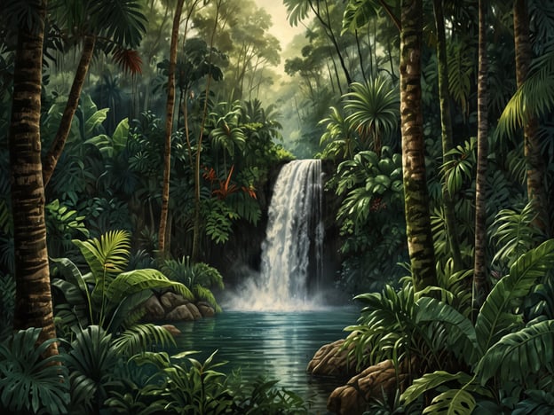 Auf dem Bild ist eine üppige tropische Landschaft zu sehen, die für die Flora und Fauna rund um El Mirador charakteristisch ist. Der Wasserfall fließt in einen klaren Teich, umgeben von dichtem, grünem Gebüsch und hohen Bäumen. Die Vegetation besteht aus verschiedenen Farnen, Palmen und anderen tropischen Pflanzen, die eine reiche Biodiversität unterstützen. Diese Region ist bekannt für ihre vielfältigen Tierarten, darunter Vögel, Reptilien und Insekten, die alle in diesem lebendigen Ökosystem miteinander interagieren. Der eindrucksvolle Wasserfall und die luxuriöse Pflanzenwelt schaffen eine Atmosphäre der unberührten Natur.