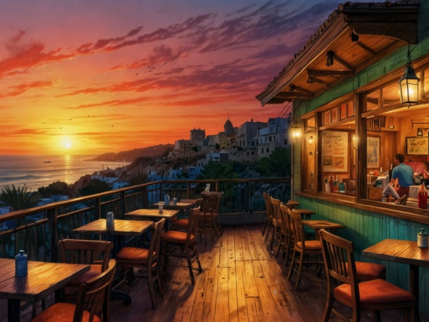 Auf dem Bild ist eine malerische Terrasse eines Restaurants zu sehen, die mit Blick auf einen wunderschönen Sonnenuntergang über dem Meer und der Küste gestaltet ist. Die warmen Farben des Himmels und das sanfte Licht verleihen der Szene eine gemütliche und einladende Atmosphäre.

Besucher berichten oft von den spektakulären Sonnenuntergängen, die man von dieser Terrasse aus genießen kann. Es ist ein beliebter Ort, um den Tag mit einem köstlichen Essen und einem Glas Wein ausklingen zu lassen. 

Lokale Tipps empfehlen, sich frühzeitig einen Platz zu sichern, besonders zur Sonnenuntergangszeit, da dieser Anblick sehr gefragt ist. Viele Gäste schwärmen von den frischen, regionalen Gerichten, die in diesem Restaurant serviert werden – besonders von den Meeresfrüchten. 

Ein weiterer Ratschlag ist, den Abend mit einem typischen Getränk der Region ausklingen zu lassen, während man die faszinierende Aussicht genießt.