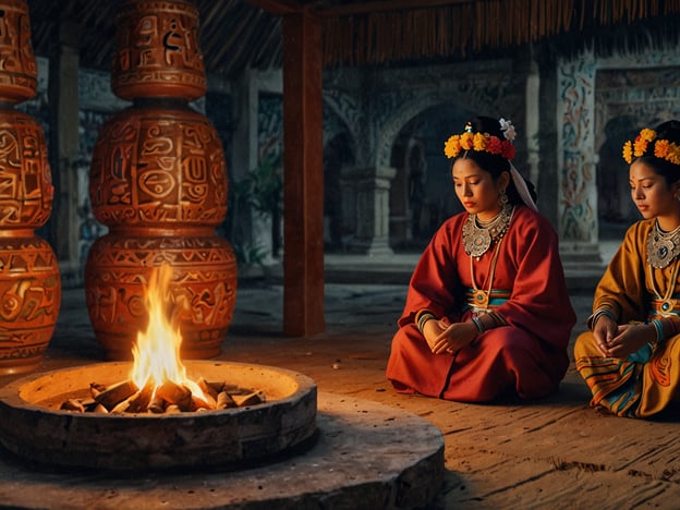 Auf dem Bild sind zwei Frauen in traditioneller Kleidung zu sehen, die gemeinsam um ein Feuer versammelt sitzen. Der Raum ist mit kunstvoll verzierten Gefäßen geschmückt, die typischen Elementen der Maya-Kultur ähneln. Die Frauen haben Blumen in ihren Haaren und tragen große Schmuckstücke, was auf eine wichtige kulturelle Zeremonie oder Feier hinweisen könnte.

In einem Maya-Dorf könnten solche Szenen oft Teil von kulturellen Erlebnissen sein, wie beispielsweise religiösen Ritualen, Festen oder Gemeinschaftsversammlungen. Feuer spielt eine zentrale Rolle in vielen Maya-Traditionen, da es nicht nur Licht spendet, sondern auch als heilig angesehen wird und oft symbolisch für das Leben und die Kontinuität steht. Die Kleidung und Schmuck der Frauen könnten zudem den Reichtum und die Tradition enger Spuren der Region widerspiegeln.