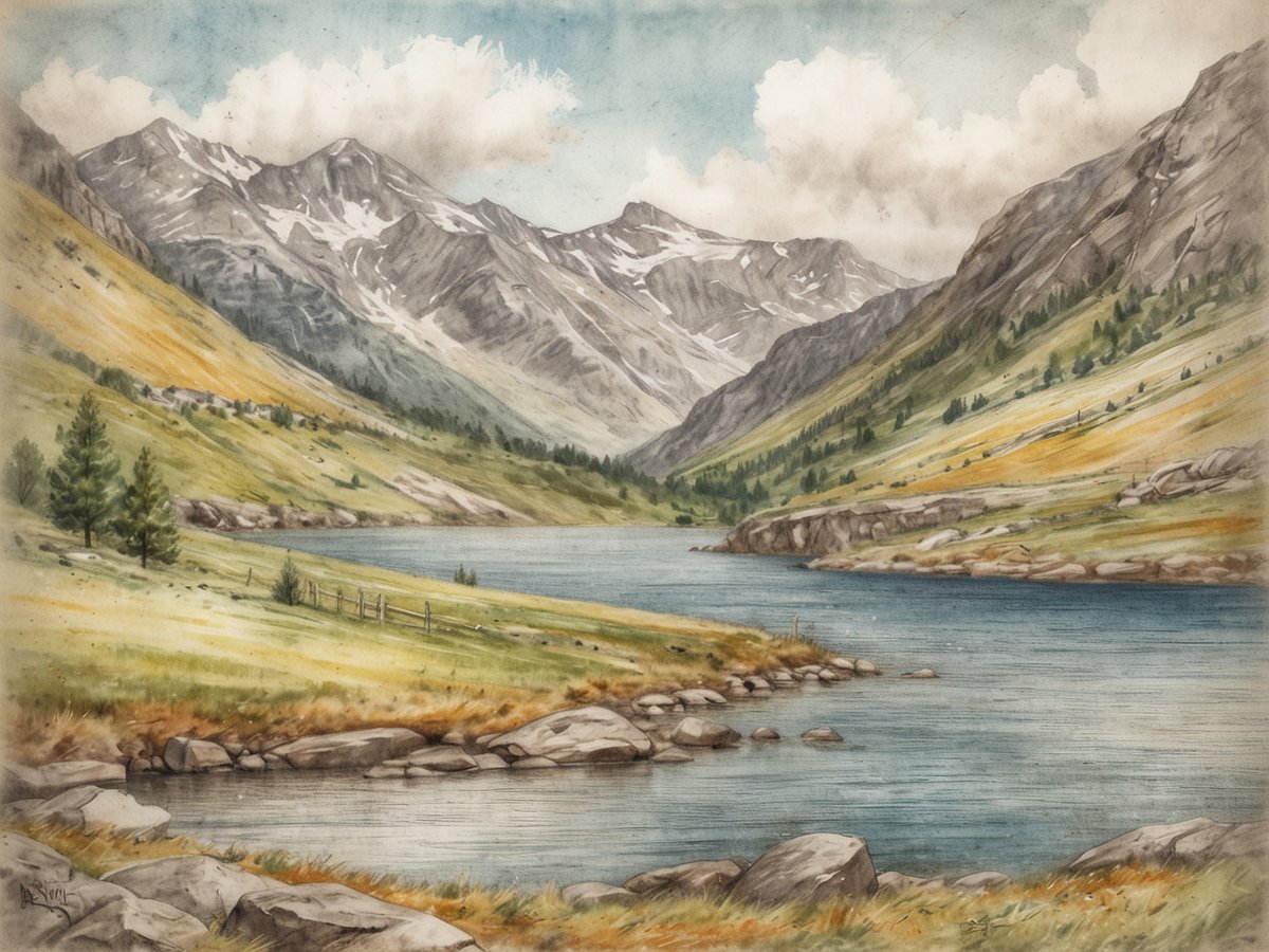 Eine malerische Landschaft zeigt einen ruhigen See, umgeben von sanften Hügeln und majestätischen Bergen, die mit Schneekappen versehen sind. Im Vordergrund ist ein Ufer mit glatten Steinen und grünem Gras zu sehen, während im Hintergrund die Berge in verschiedenen Erdtönen dargestellt sind. Der Himmel ist leicht bewölkt und das Licht vermittelt eine friedliche Atmosphäre, die die Schönheit der Natur in Setesdal widerspiegelt.