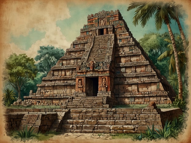 Auf dem Bild ist eine pyramidenartige Struktur zu sehen, die typisch für die Architektur der Maya-Gemeinschaften ist. Diese Pyramiden dienten oft als Tempel oder zeremonieller Ort und sind bekannt für ihre steilen Stufen und kunstvollen Verzierungen. Die Maya waren auch für ihre fortschrittlichen astronomischen Kenntnisse und ihre komplexen Gesellschaftssysteme bekannt. Mauern und Stufen sind oft mit Reliefs und Symbolen geschmückt, die religiöse oder mythologische Bedeutung hatten. Die umgebende Vegetation deutet auf die tropische Umgebung hin, in der viele Maya-Städte angesiedelt waren.