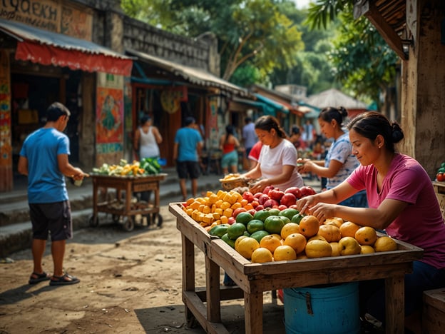 Auf dem Bild ist ein Markt in Santiago Atitlán zu sehen, wo verschiedene Arten von frischem Obst und Gemüse verkauft werden. Mehrere Frauen und Männer sind damit beschäftigt, die Produkte zu sortieren und anzubieten. Die Atmosphäre wirkt lebhaft und einladend, mit bunten Farben der Früchte, die die lokale Kultur und Küche widerspiegeln. Solche Märkte sind oft ein zentraler Bestandteil der gastronomischen Traditionen in dieser Region, die reich an vielfältigen Zutaten aus der Umgebung sind.