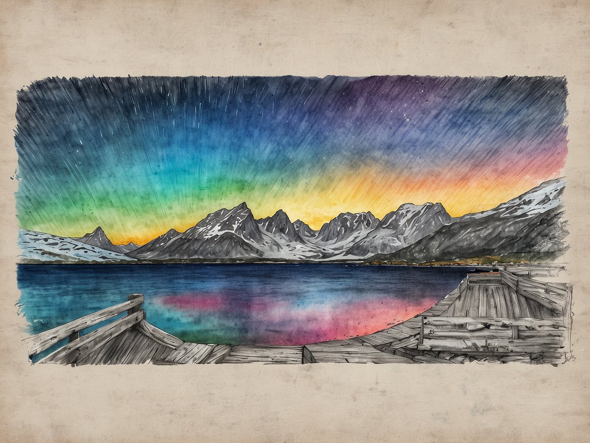 Eine beeindruckende Darstellung des Himmels über einer Berglandschaft bei Bodø. Die Farben des Sonnenuntergangs vereinen sich mit dem schimmernden Grün und Blau des Nordlichts, während die schneebedeckten Gipfel sich majestätisch im Wasser spiegeln. Ein Holzsteg führt ins Bild, was einen einladenden Blick auf die natürliche Schönheit und die ruhige Atmosphäre dieser Region bietet.