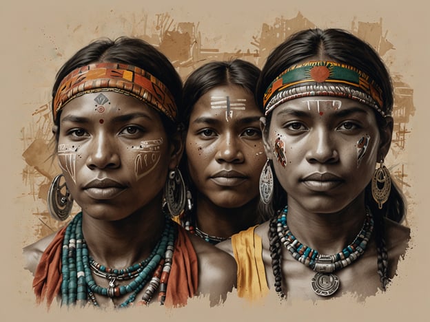 Auf dem Bild sind drei Frauen dargestellt, die traditionelle Kleidung und Schmuck tragen. Die Gesichter sind mit symbolischen Mustern geschminkt, was auf kulturelle Traditionen hinweist. Dieses Bild könnte die Herausforderungen der indigenen Gemeinschaften widerspiegeln, wie den Erhalt ihrer kulturellen Identität, die Bewahrung von Traditionen und den Kampf gegen Diskriminierung sowie den Verlust von Land und Ressourcen. Solche Darstellungen sind wichtig, um das Bewusstsein für die Rechte und die Schönheit der indigenen Kulturen zu fördern.