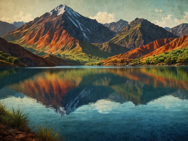 Auf dem Bild ist eine malerische Landschaft mit einem ruhigen See und majestätischen Bergen zu sehen. Die Berge sind teils schneebedeckt und weisen beeindruckende, steile Hänge auf, die in vielfältigen Farben leuchten – von sattem Grün bis hin zu rötlichen Tönen. Der See ist klar und spiegelt die Umgebung wider, was eine friedliche und harmonische Szenerie schafft. Die natürliche Vegetation am Ufer und die beruhigende Wasseroberfläche tragen zur Idylle dieses Landschaftsbildes bei. Solche Landschaften sind typisch für Regionen wie den Atitlán-See, der für seine atemberaubende Schönheit bekannt ist.