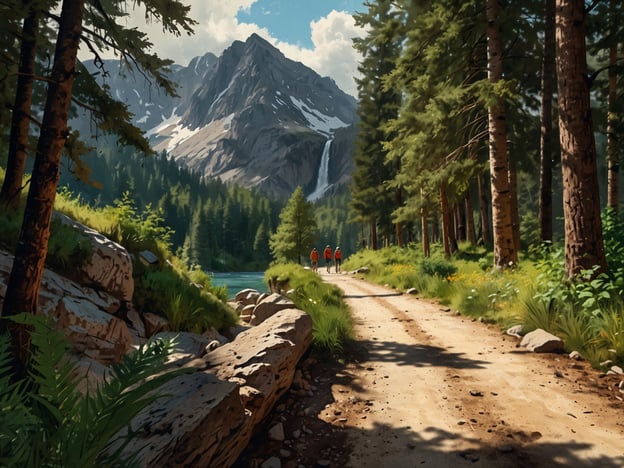 Auf dem Bild ist eine malerische Landschaft mit einem Wanderweg zu sehen, der durch einen dichten Wald führt. Im Hintergrund erheben sich majestätische Berge, und ein Wasserfall ist sichtbar. Diese Umgebung eignet sich hervorragend für verschiedene Aktivitäten für Entdecker und Naturfreunde. Hier einige Vorschläge:

1. **Wandern**: Der Pfad lädt dazu ein, die Natur zu erkunden und die atemberaubenden Ausblicke zu genießen.
2. **Naturbeobachtungen**: Die Vielfalt der Pflanzen und die Tierwelt können während eines Spaziergangs entdeckt werden.
3. **Fotografie**: Die schöne Landschaft bietet ideale Motive für Naturfotografen.
4. **Picknicks**: Das Ufer des Gewässers könnte ein perfekter Ort für eine entspannende Auszeit in der Natur sein.
5. **Klettern**: An den Felsen im Hintergrund könnten geübte Kletterer ihre Fähigkeiten testen.

Diese Aktivitäten ermöglichen es, die Schönheit der Natur in vollen Zügen zu genießen!