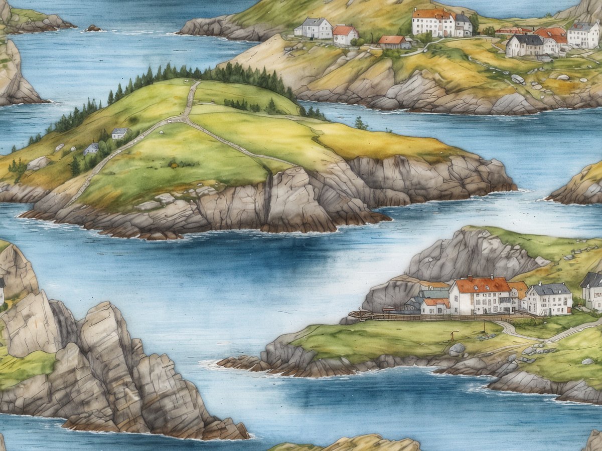 Auf dem Bild ist die Røvær Insel zu sehen, idyllisch und friedlich, umgeben von klarem, blauem Wasser. Kleine, grüne Hügel leiten die Blicke zu verstreuten, charmanten Häusern mit roten Dächern. Die Landschaft ist von sanften Felsen umgeben, die das Bild harmonisch abrunden. Die ruhige Szenerie vermittelt ein Gefühl von Natur und Ruhe, typisch für diese kleine Insel nahe Haugesund.