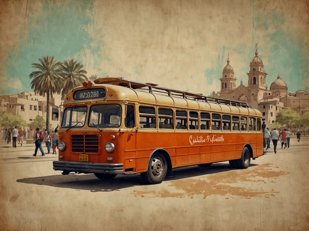 Auf dem Bild ist ein charakteristischer, orangefarbener Bus zu sehen, der auf einem lebhaften Platz steht. Im Hintergrund sind Palmen und eine historische Architektur sichtbar, die auf eine traditionelle Stadt hinweisen könnte. Der Bus erinnert an eine vergangene Ära und könnte ein Symbol für Mobilität und Begegnung in der Stadt sein.

Solche Busse sind oft Teil des kulturellen Erbes, da sie Menschen aus verschiedenen Stadtteilen miteinander verbinden und somit sozialen Austausch fördern. Der Platz, auf dem der Bus steht, scheint ein Ort des Zusammentreffens zu sein, wo sich Menschen versammeln, um zu plaudern, zu flanieren und das Stadtleben zu genießen. Dieses Bild spiegelt nicht nur die Verkehrsmittel der Vergangenheit wider, sondern auch die gesellschaftlichen Begegnungen, die an solchen Orten stattfinden.