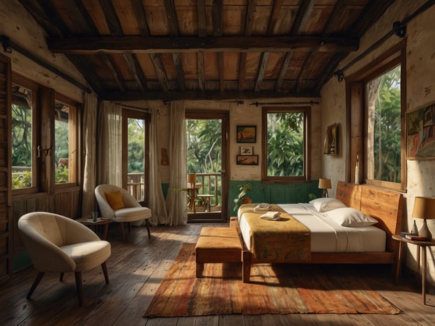 Auf dem Bild ist ein gemütliches, nachhaltig gestaltetes Zimmer zu sehen, das Elemente von Naturholz und warmen Farben kombiniert. Die großen Fenster bieten einen Blick auf die umliegende Natur, was den Aufenthalt in dieser Unterkunft in Santa Catarina Palopó besonders angenehm macht. Solche Räume fördern den nachhaltigen Tourismus, da sie umweltfreundliche Materialien verwenden und eine harmonische Verbindung zur lokalen Umgebung schaffen. Die Einrichtung ist schlicht, doch einladend, was einen entspannten Rückzugsort für Reisende darstellt, die die Natur und Kultur der Region erleben möchten.