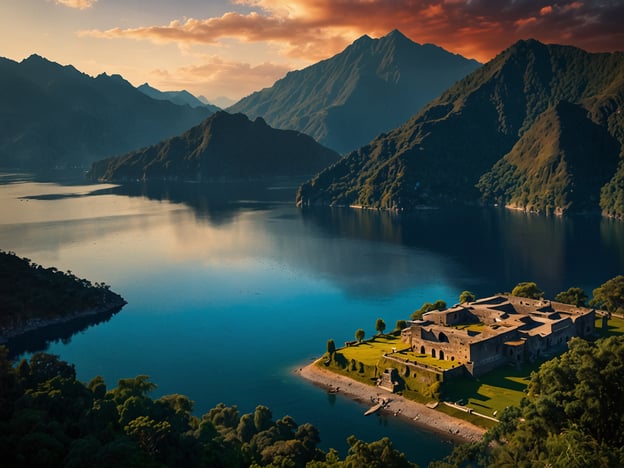 Auf dem Bild ist eine beeindruckende Landschaft zu sehen, die von majestätischen Bergen umgeben ist. In der Mitte des Bildes befindet sich eine alte Ruine oder Festung, die an einem Ufer liegt und von üppigem Grün umgeben ist. Der ruhige Wasserbereich spiegelt die Umgebung wider und schafft eine friedliche Atmosphäre. 

Die warmen Farben des Sonnenuntergangs verleihen der Szene zusätzlichen Charme und romantische Stimmung. Diese Gegend könnte zahlreiche Aktivitäten für Naturliebhaber bieten, wie Wandern in den Bergen, Bootsfahrten auf dem Wasser oder Erkundungstouren durch die Natur. außerdem bietet die historische Ruine potenzielle Möglichkeiten für Geschichtsinteressierte, mehr über die Vergangenheit und die Architektur der Region zu erfahren.