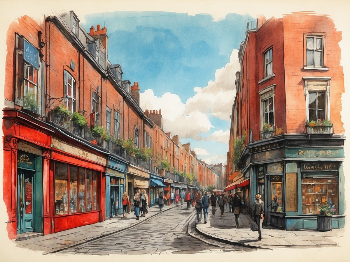 Eine belebte Straße in Dublin mit roten Ziegelfassaden und bunten Geschäften. Auf beiden Seiten der Straße befinden sich kleine Läden, Cafés und Boutiquen, einige mit Blumen in Fenstern. Menschen gehen entlang der Straße, wobei einige mit Taschen unterwegs sind. Der Himmel ist blau mit ein paar Wolken, was eine freundliche Atmosphäre schafft. Die Kopfsteinpflasterstraße verleiht der Szene einen charmanten, historischen Charakter.