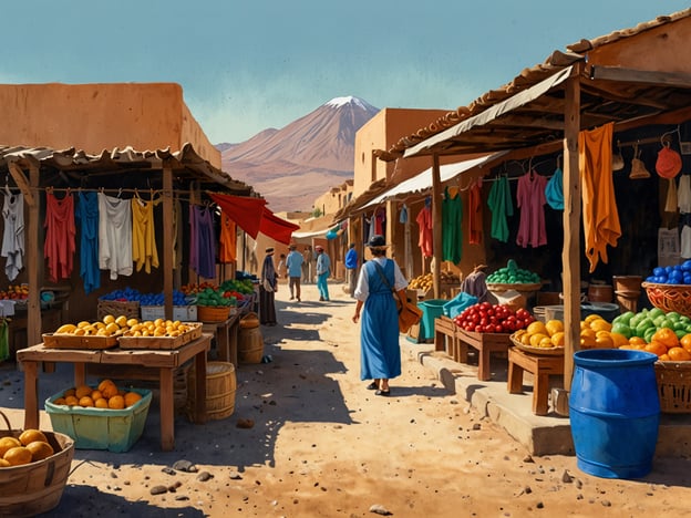 Das Bild fängt die lebendige Atmosphäre eines Marktes in San Pedro ein. Farbige Stände sind mit frischen Früchten, wie Orangen und Äpfeln, gefüllt, während die leuchtenden Tücher in verschiedenen Farbtönen von den Dächern hängen. Die sanfte, warme Lichtstimmung verleiht der Szenerie eine einladende Note. Im Hintergrund zeichnet sich der majestätische Vulkan ab, dessen Präsenz den Alltag des Marktes umrahmt. Menschen schlendern entspannt durch die Gassen und genießen die Farben und Geräusche des geschäftigen Treibens, während der Staub des Weges sie umgibt. Ein Gefühl von traditioneller Lebensweise und regionaler Kultur durchdringt jedes Detail.