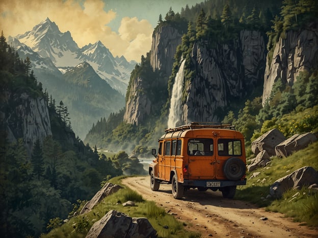 Auf dem Bild ist ein orangefarbener Geländewagen zu sehen, der auf einer unbefestigten Straße in einer malerischen Berglandschaft fährt. Hoch aufragende Berge sind im Hintergrund zu erkennen, umgeben von üppigem Grün und Wäldern. In der Nähe fließt ein Wasserfall, der die Umgebung zusätzlich belebt. 

Für Backpacker bietet diese Szene viele Abenteuer und Aktivitäten: 

1. **Wanderungen**: Die beeindruckende Umgebung lädt zu langen Wanderungen und Trekkingtouren ein. Es gibt zahlreiche Trails, die durch die Wälder und entlang der Bergrücken führen.

2. **Zeltlager**: In dieser abgelegenen Gegend könnten Backpacker einen Zeltplatz aufschlagen, um die Nacht unter dem Sternenhimmel zu verbringen und den Klang des Wasserfalls zu genießen.

3. **Naturerkundung**: Die vielfältige Flora und Fauna bietet großartige Möglichkeiten zur Beobachtung von Tieren und Pflanzen.

4. **Fotografie**: Die atemberaubenden Landschaften sind perfekt für Fotografien, die Erinnerungen an das Abenteuer festhalten.

5. **Klettereien**: Die steilen Felsen bieten Herausforderungen für Kletterer, die auf der Suche nach einem aufregenden Erlebnis sind. 

Diese Landschaft ist ideal für Naturliebhaber und Abenteurer, die die Schönheit der Natur in vollen Zügen genießen möchten.