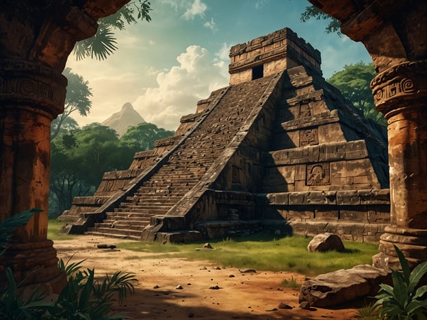 Auf dem Bild ist eine beeindruckende Pyramide zu sehen, die typischerweise mit der Architektur der Maya, insbesondere von Orten wie Uaxactún, assoziiert wird. Uaxactún ist bekannt für seine gut erhaltenen Ruinen und monumentalen Bauten, die bedeutende religiöse und astronomische Funktionen hatten. 

Die Pyramide im Bild könnte aus der Maya-Zeit stammen und zeigt die charakteristischen Stufen sowie gediegene Steinmetzarbeiten, die für die Architektur dieser Kultur typisch sind. Umgeben von üppiger Vegetation vermittelt das Bild ein Gefühl von Mystik und der Verbindung zur Natur, die für viele antike Maya-Stätten entscheidend war.