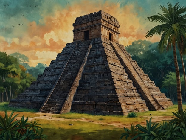 Auf dem Bild ist eine beeindruckende pyramidenartige Struktur zu sehen, die stark an die architektonischen Meisterwerke der Maya-Kultur erinnert. Diese Pyramiden waren oft Tempel, die sowohl religiösen als auch kulturellen Zwecken dienten. Sie sind charakteristisch für die Mesoamerikanische Landschaft und verkörpern die tief verwurzelten Glaubenssysteme der Maya, die Astronomie, Landwirtschaft und Architektur in einer einzigartigen Weise miteinander verbanden. 

Die üppige Vegetation im Hintergrund und der stimmungsvolle Himmel verleihen dem Bild eine atmosphärische Tiefe, die die Faszination für die alte Zivilisation und ihre monumentalen Bauwerke weiter verstärkt.