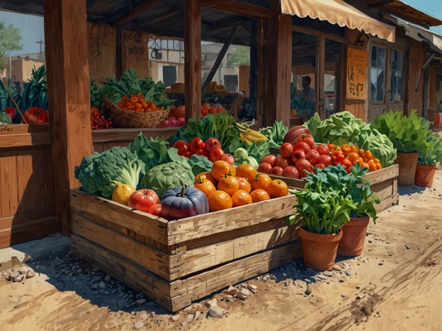 Auf dem Bild ist ein lebendiger Marktstand zu sehen, der eine Vielzahl von frischen Anbaukulturen anbietet. Die Auslage umfasst verschiedene Gemüsesorten wie Brokkoli, Salat und Tomaten. Außerdem sind Obstsorten wie Orangen und Äpfel sowie andere bunte Gemüse wie Zucchini und Kürbisse präsent. Der Markt bringt die Vielfalt der Natur zum Ausdruck und zeigt, wie wichtig frische Lebensmittel für eine gesunde Ernährung sind. Gewürze sind vielleicht auch in den hinteren Regalen zu finden, was die Palette an Aromen und Verwendungsmöglichkeiten erweitert.